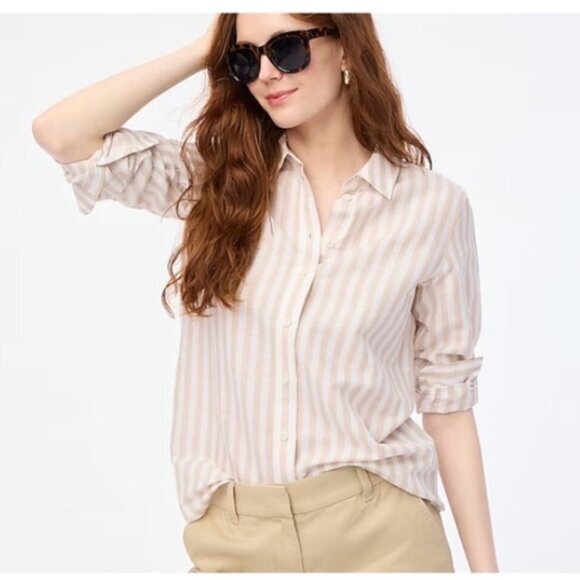 J. Crew Tops - J. Crew Tan Striped Linen Shirt Size Small